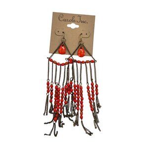 Carole Inc. Red Beaded Dangle Chandelier Earrings With   Chains